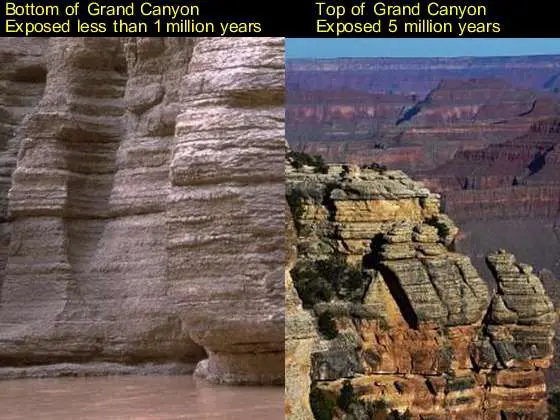 This is an image that shows the bottom of the Grand Canyon and the where on the rock, and Compares that to the top of the Grand Canyon and the WHERE on that rock. They claim that it took five million years for the Colorado River to carve this out. But the where marks are the same depth from top to bottom which means it was all done at the same time which would support the flood not 5 million years.