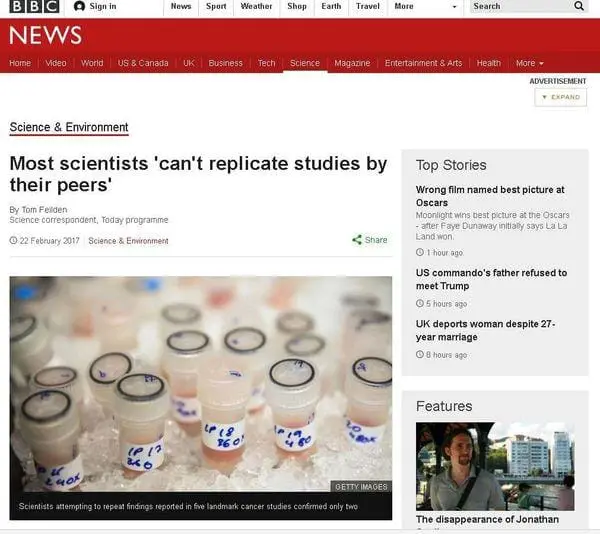 This is an image from the BBC News that shows that other scientists cannot duplicate the peer reviews and the conclusions that other scientists have come up with.