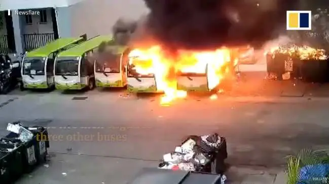 Here's a video where buses are parked next to a bus station charging. One catches on fire from the battery shorting out and burns all the other buses next to it including the dumpster that had trash in it that's on the other side.