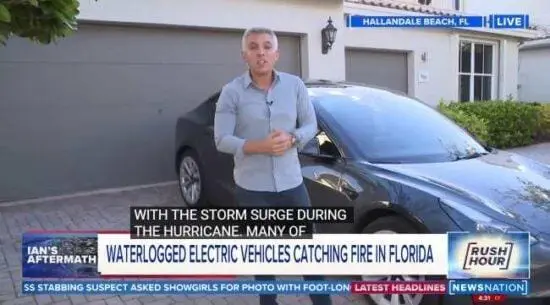 A video that's talking about how electric cars catch on fire because they short out when they are in a flood, such as in the case of when Florida had a bad storm pass through.