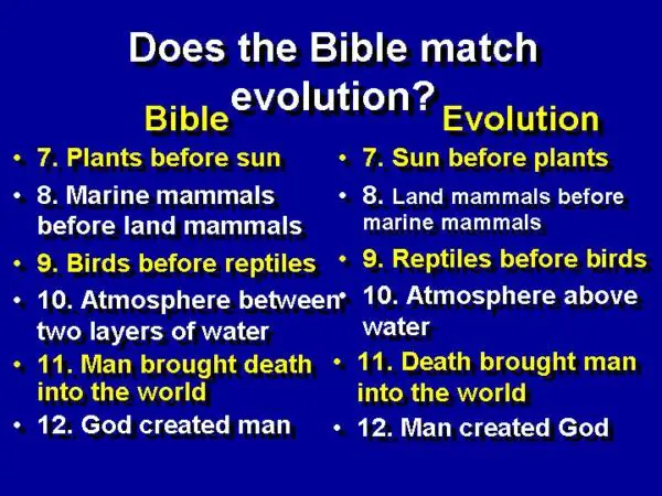 This mean is part 2 of this list: This is an image that lists the order and it shows how evolution is the direct opposite of creation on every issue. Showing that even though William Lane Craig claims that evolution is compatible with the Bible, it is not.