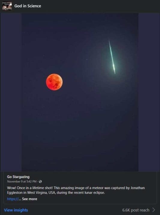 This is an image of a blood red moon AKA the moon is red because of the angle through the atmosphere bending light from the sun like a prism to where the only the red light from the sun hits it. So it makes it look red. Next to it is a falling meteor AKA shooting star. This guy took the picture of the moon and just happened to catch this falling star in it.