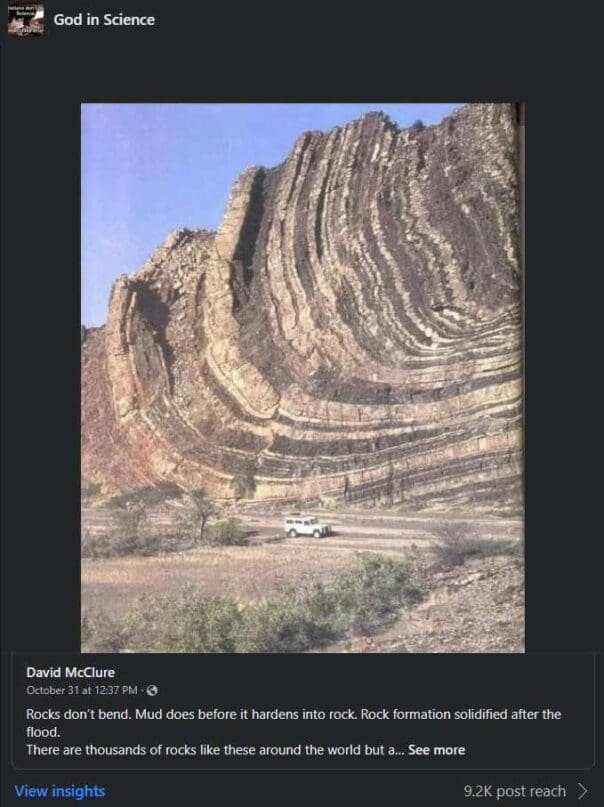 This is an image of rock layers that are bent. Rock Layers don't bend they break. Proving once again the flood made this, and before the sediment's hardened into rock, a force bent them.