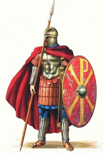 This is an image of a soldier in Constantine's Army, that has that symbol on his shield. Which is the letter p that has a long bottom to it in the letter x on that long part.