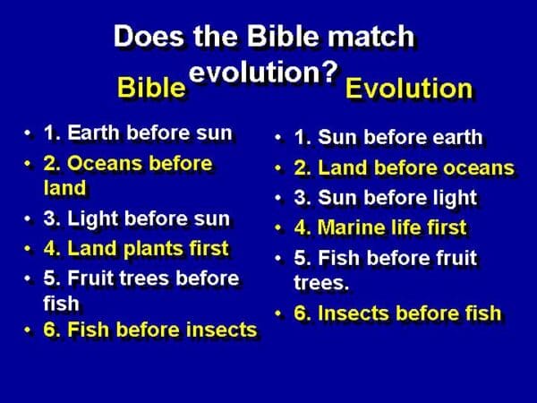 This is an image that lists the order and it shows how evolution is the direct opposite of creation on every issue. Showing that even though William Lane Craig claims that evolution is compatible with the Bible, it is not.